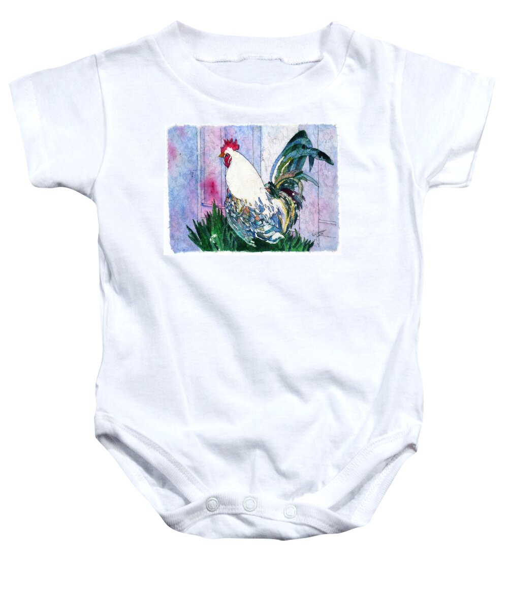 Rooster Baby Onesie featuring the painting Cheeky Rooster by Barbara F Johnson
