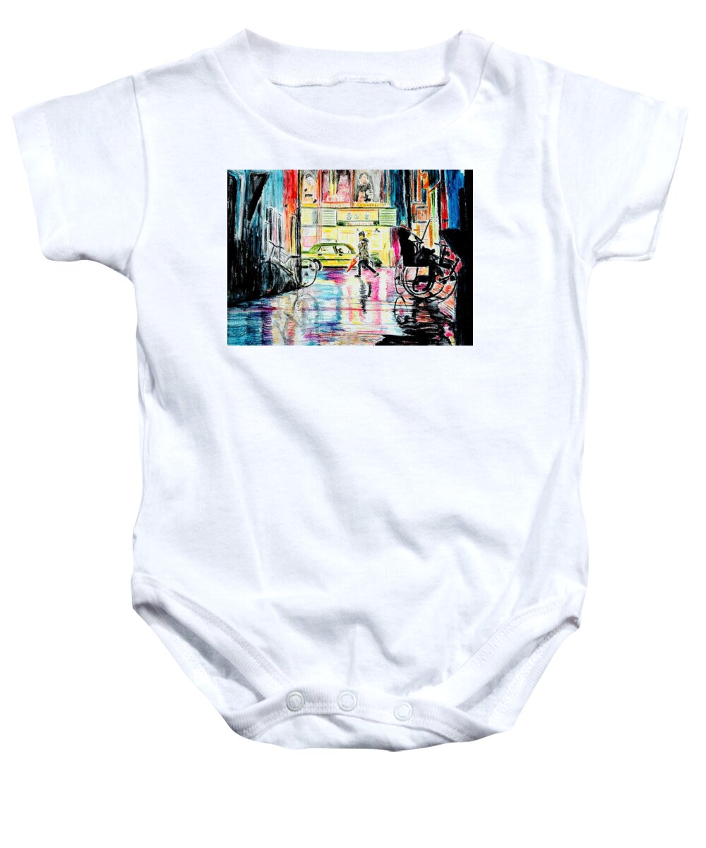 Townscape Baby Onesie featuring the painting China Town by Sandie Croft