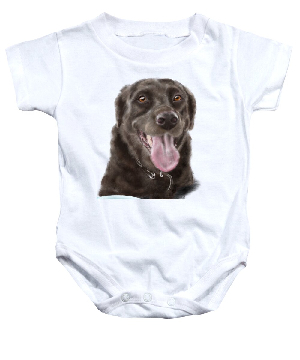 Labrador Baby Onesie featuring the digital art Chocolate Lab and Frisbee by Lois Ivancin Tavaf
