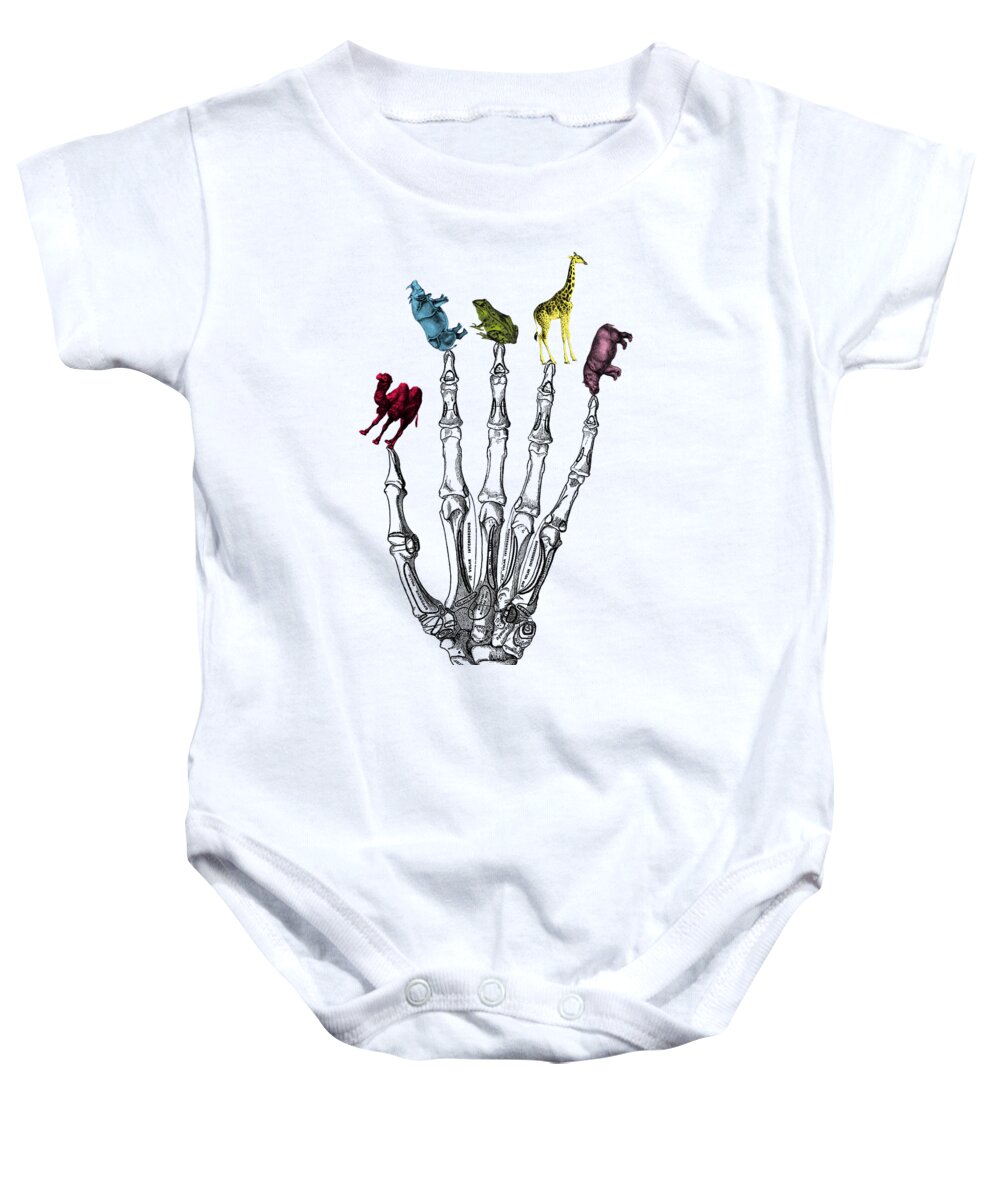 Hand Baby Onesie featuring the digital art Colorful animals on creepy fingertips by Madame Memento