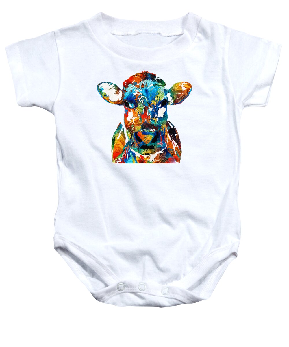 Bull Baby Onesie featuring the painting Colorful Cow Art - Mootown - By Sharon Cummings by Sharon Cummings