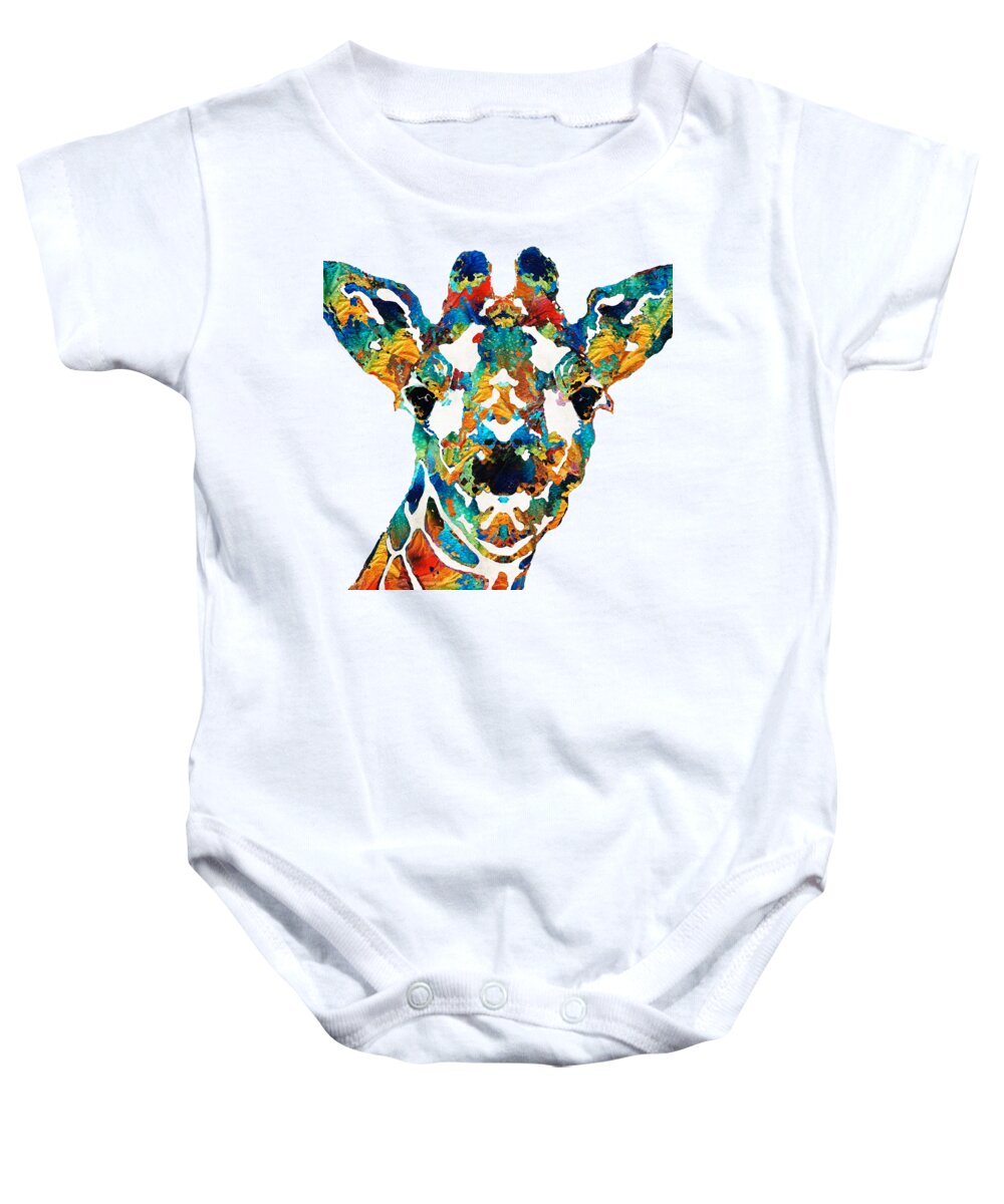 Giraffe Baby Onesie featuring the painting Colorful Giraffe Art - Curious - By Sharon Cummings by Sharon Cummings