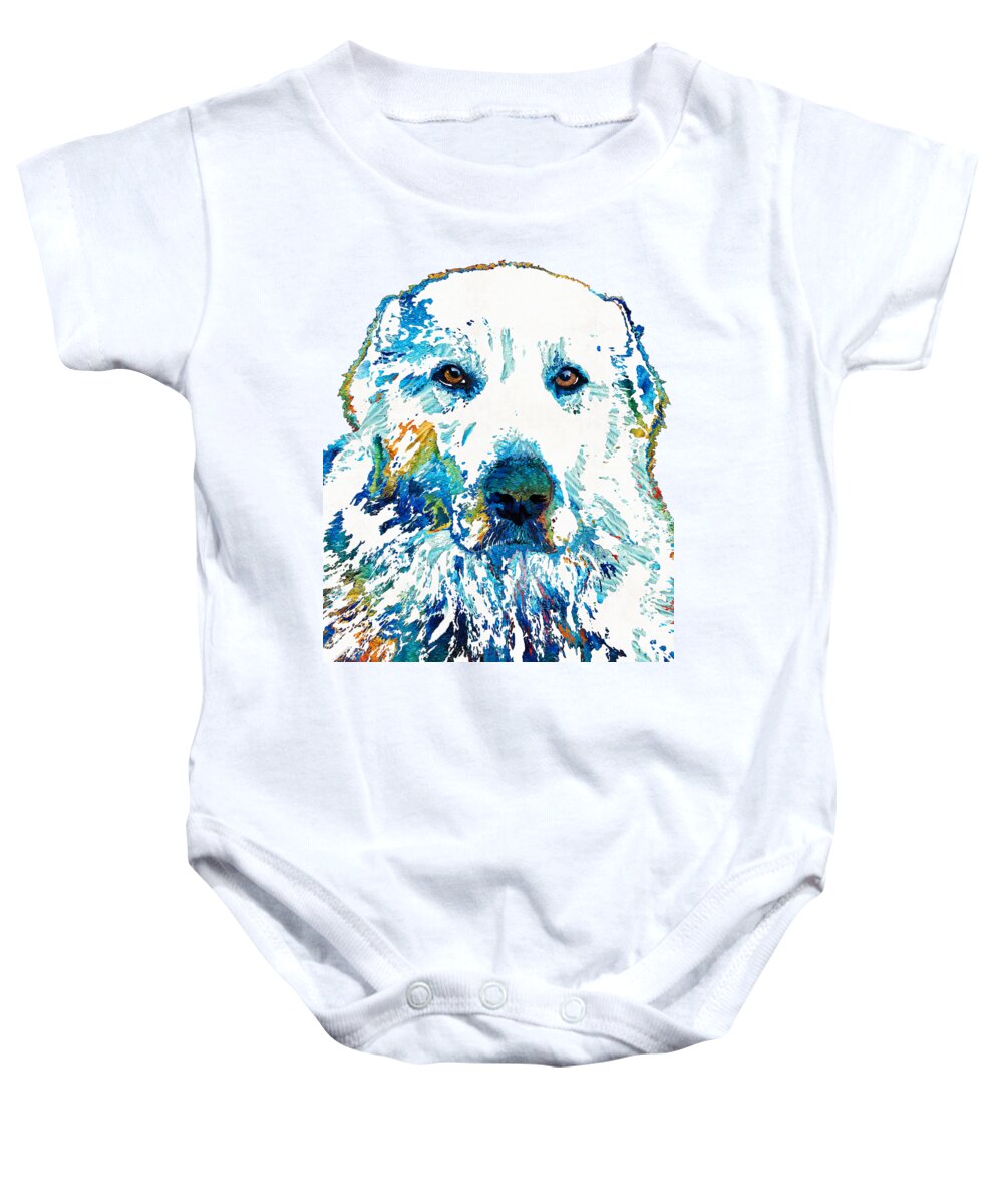 Great Baby Onesie featuring the painting Colorful Great Pyrenees Dog Art - Sharon Cummings by Sharon Cummings