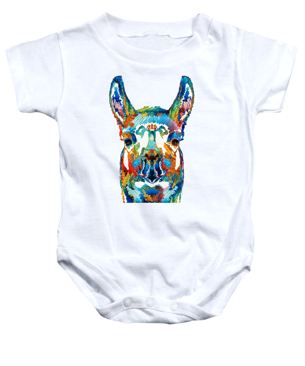 Llama Baby Onesie featuring the painting Colorful Llama Art - The Prince - By Sharon Cummings by Sharon Cummings