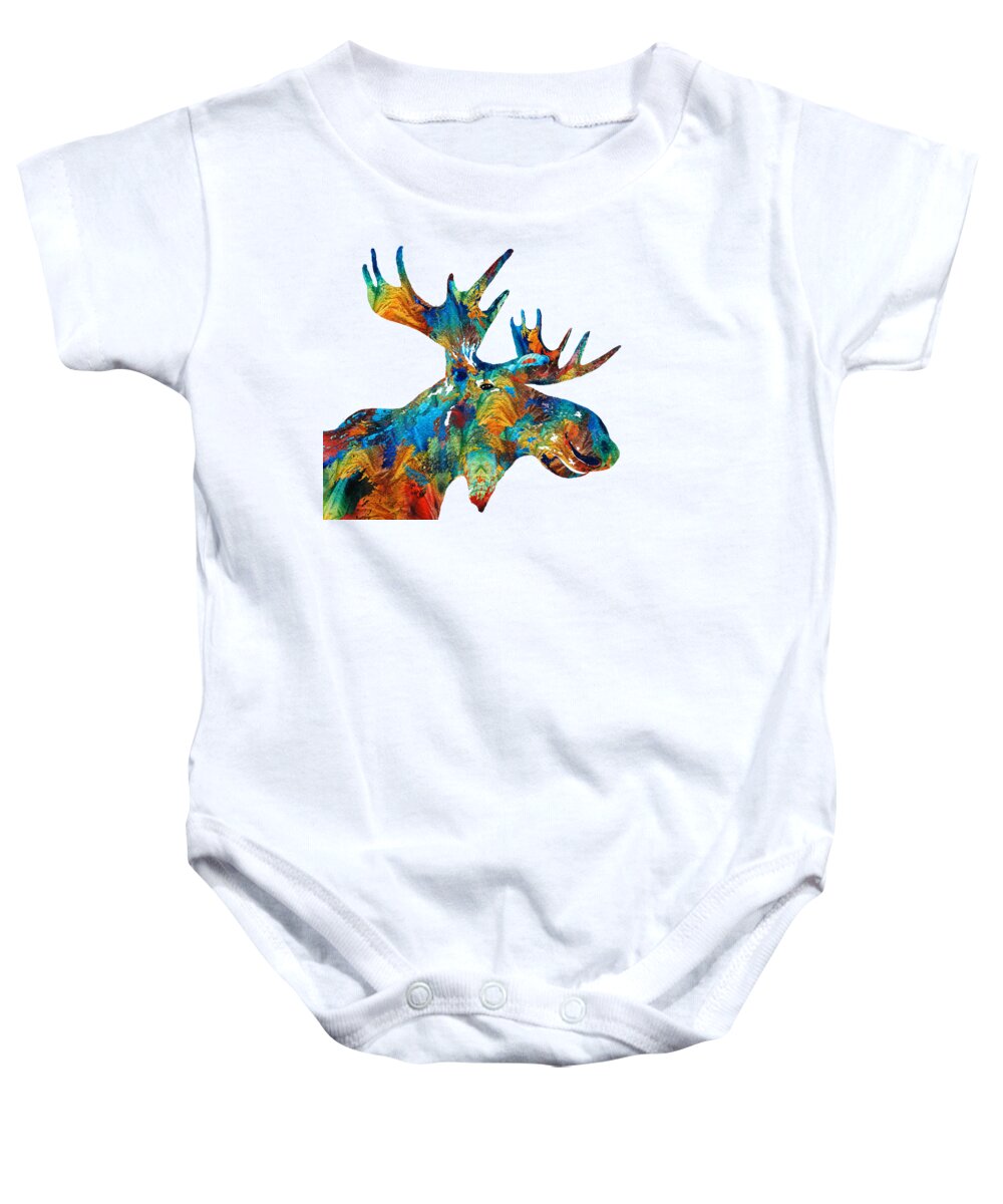 Moose Baby Onesie featuring the painting Colorful Moose Art - Confetti - By Sharon Cummings by Sharon Cummings