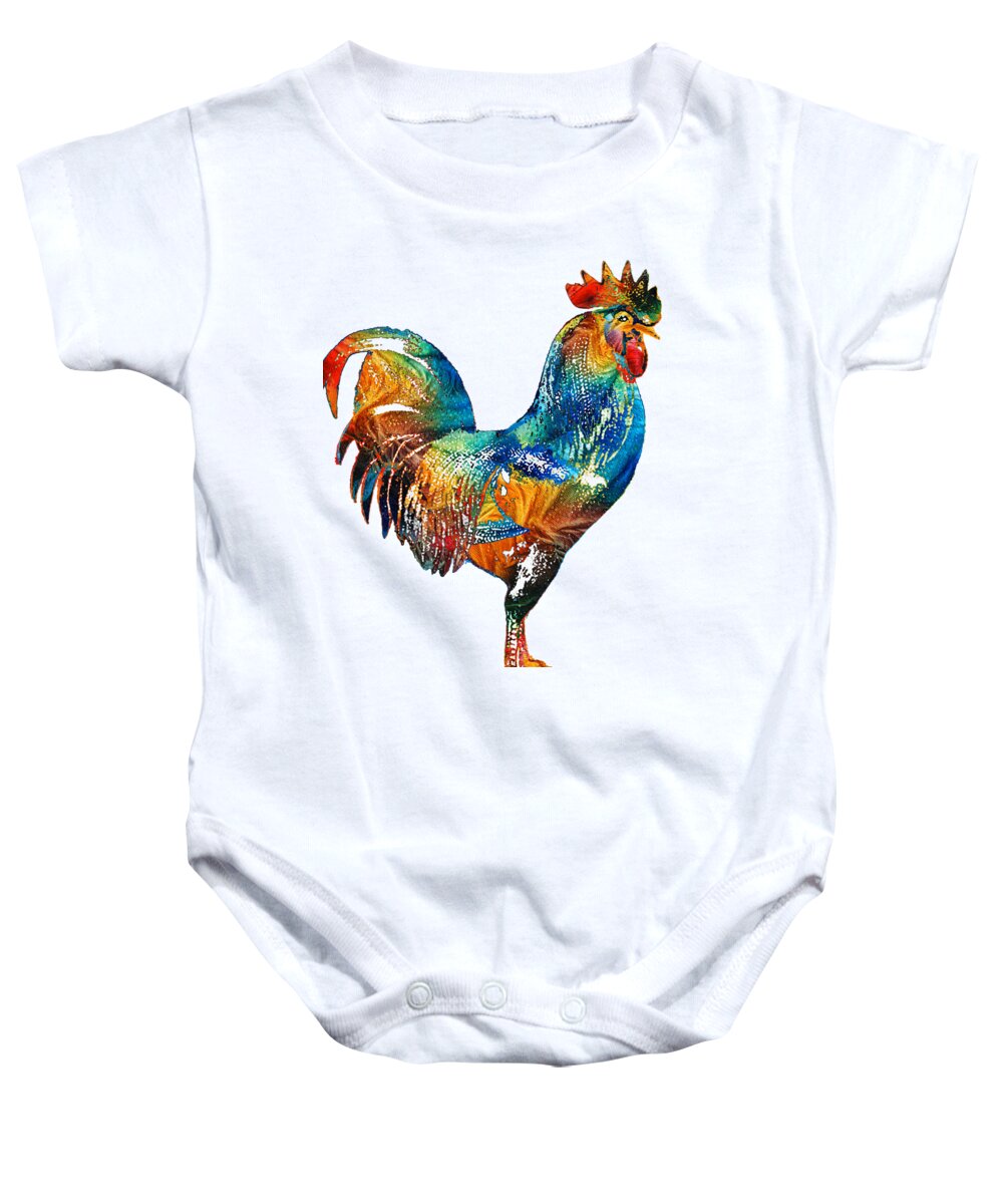 Rooster Baby Onesie featuring the painting Colorful Rooster Art by Sharon Cummings by Sharon Cummings