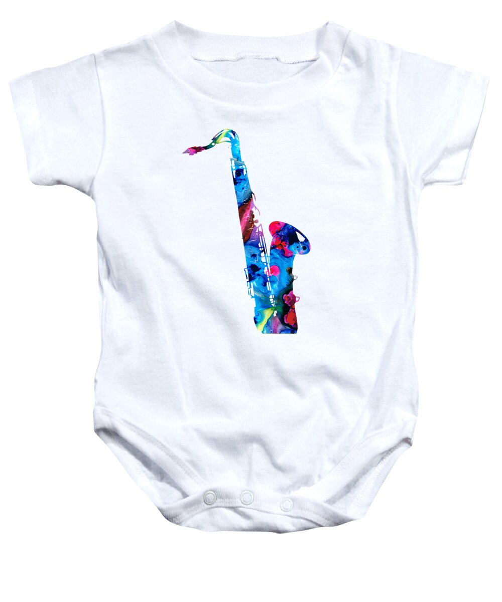Saxophone Baby Onesie featuring the painting Colorful Saxophone 2 by Sharon Cummings by Sharon Cummings