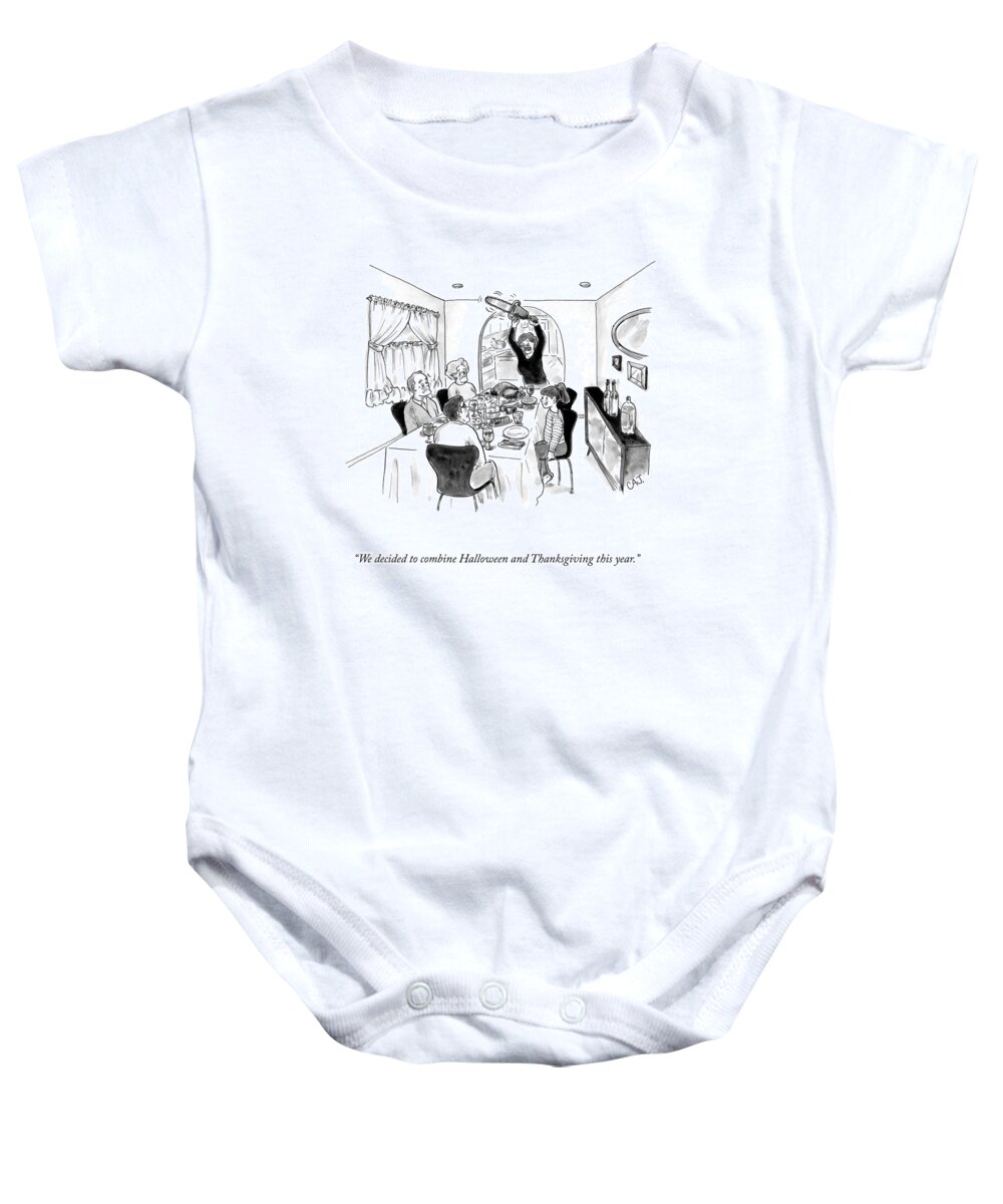 We Decided To Combine Halloween And Thanksgiving This Year. Thanksgiving Baby Onesie featuring the drawing Combined Halloween And Thanksgiving by Carolita Johnson