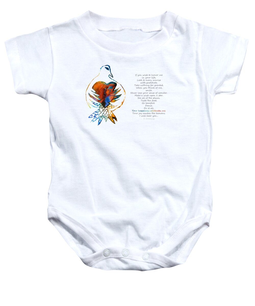Feather Baby Onesie featuring the painting Comforting Art For Grief - Celebrate Me by Sharon Cummings
