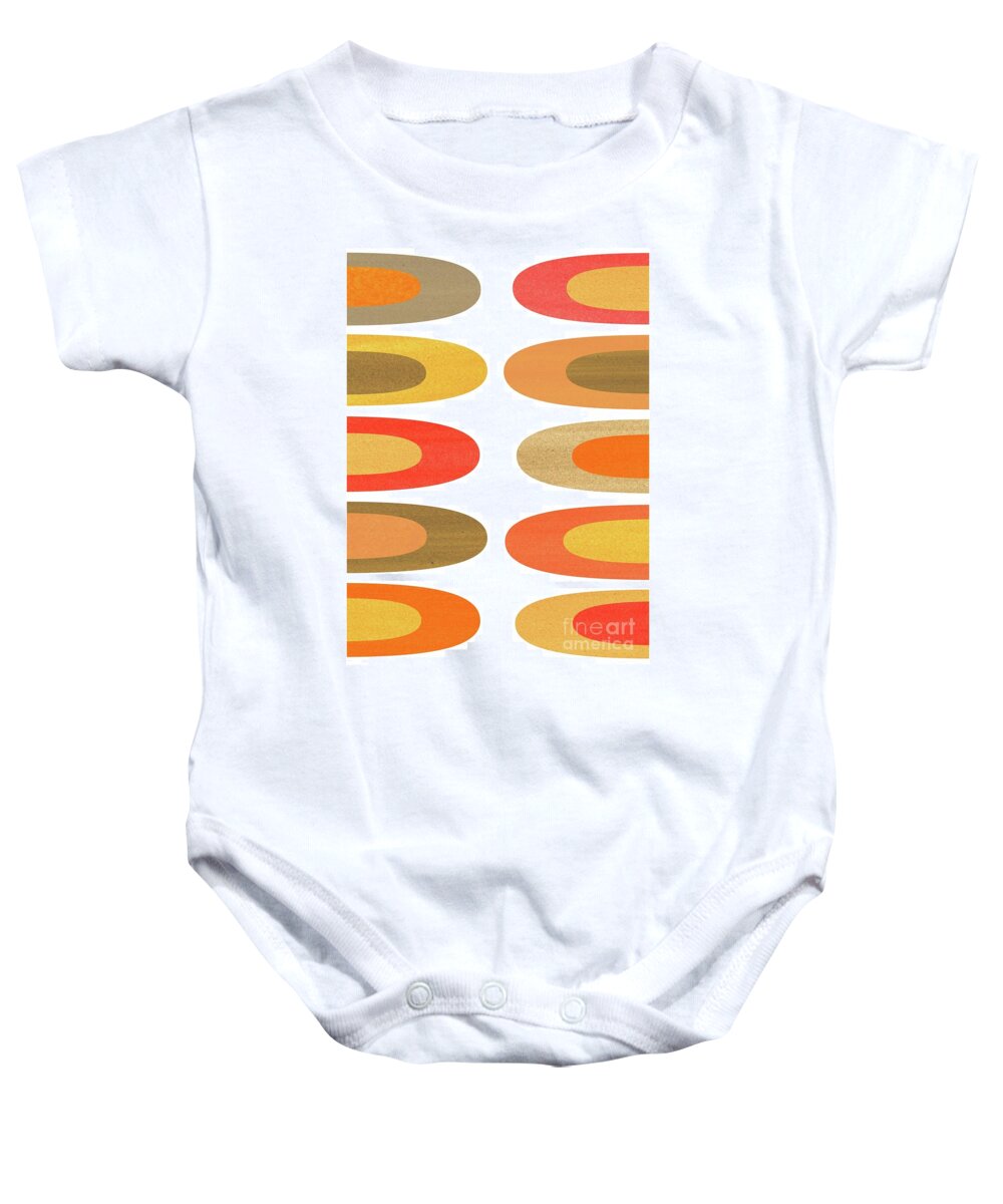 Tan Baby Onesie featuring the mixed media Concentric Oblongs in Warm Colors on White by Donna Mibus