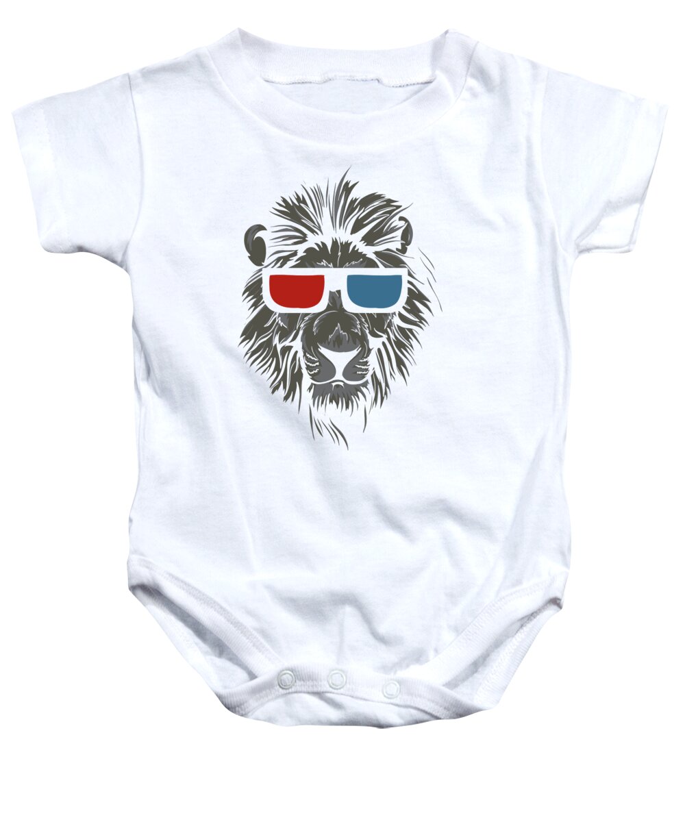 Lion Baby Onesie featuring the digital art Cool Lion in 3D Glasses by Jacob Zelazny