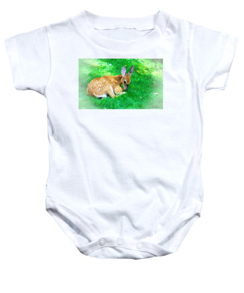 Nature Wildlife Fawn Baby Onesie featuring the photograph Cozy Fawn by Mary Walchuck