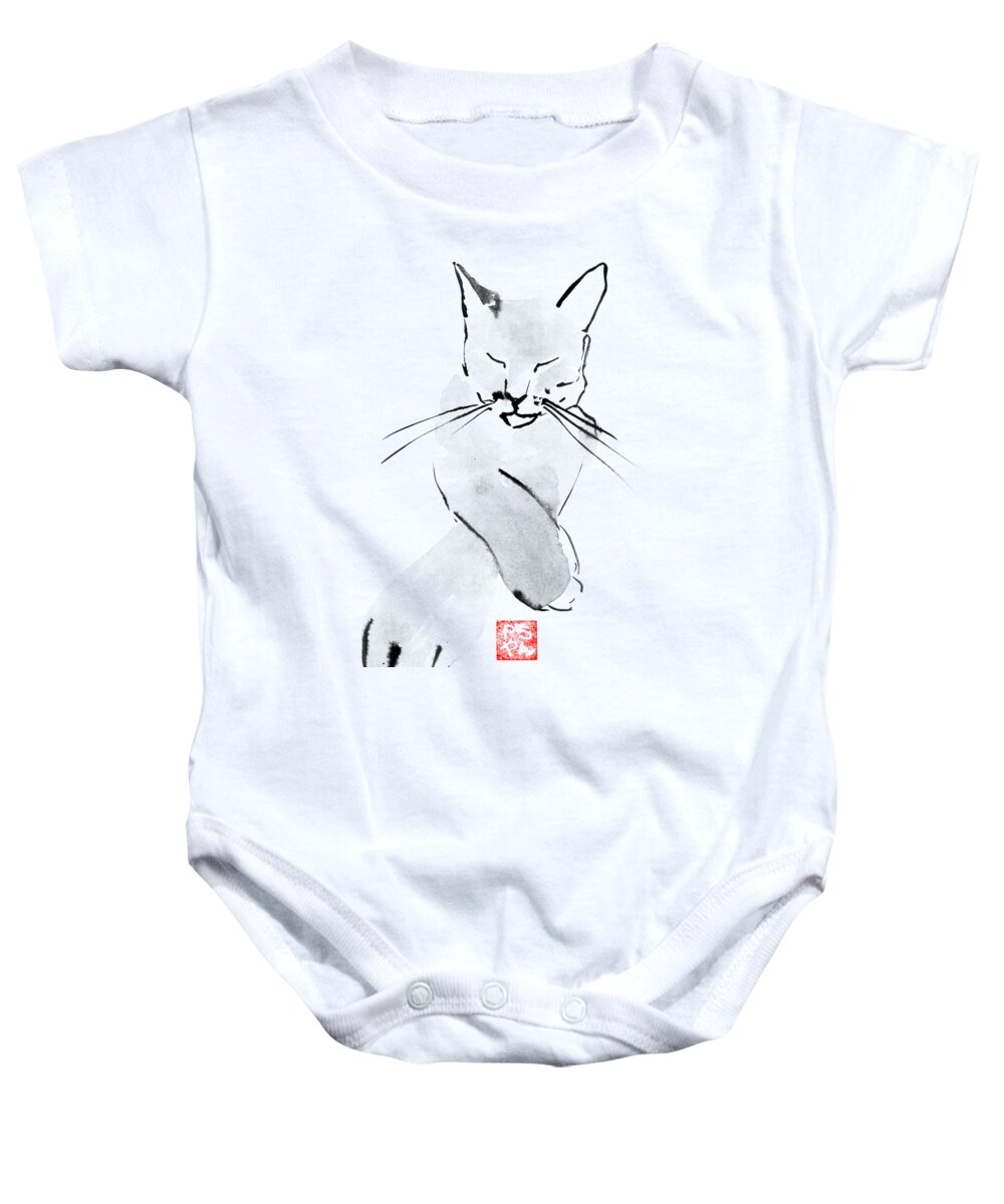 Cat Baby Onesie featuring the painting Crossing Legs Cat by Pechane Sumie