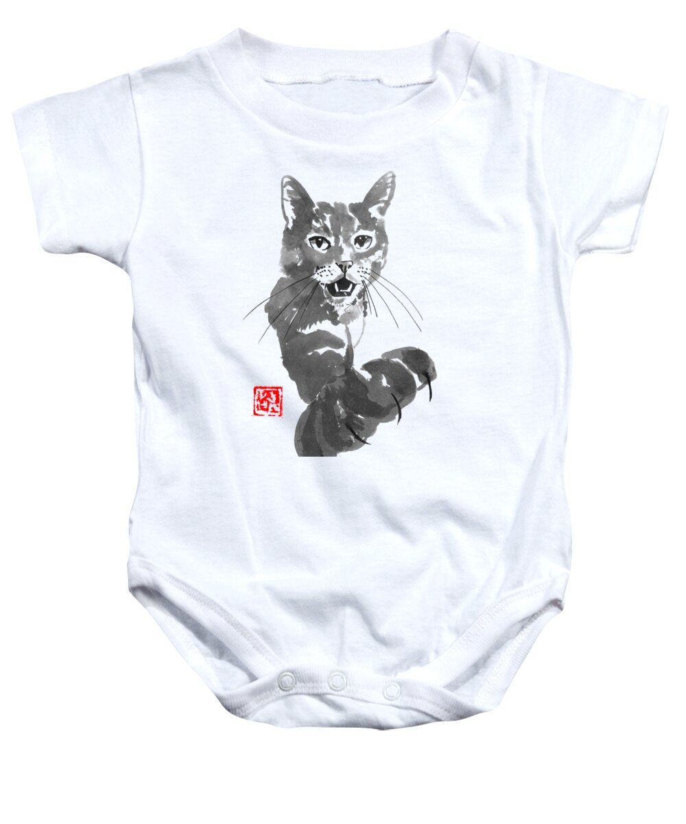Cat Baby Onesie featuring the drawing Demanding Cat by Pechane Sumie