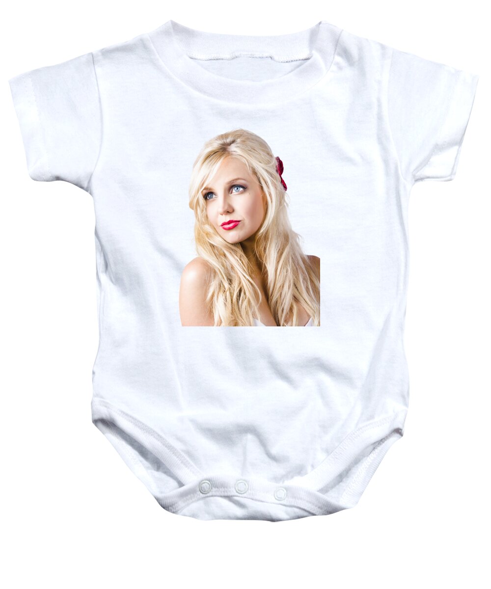 Dreamy Baby Onesie featuring the photograph Dreamy blond girl with faraway expression by Jorgo Photography