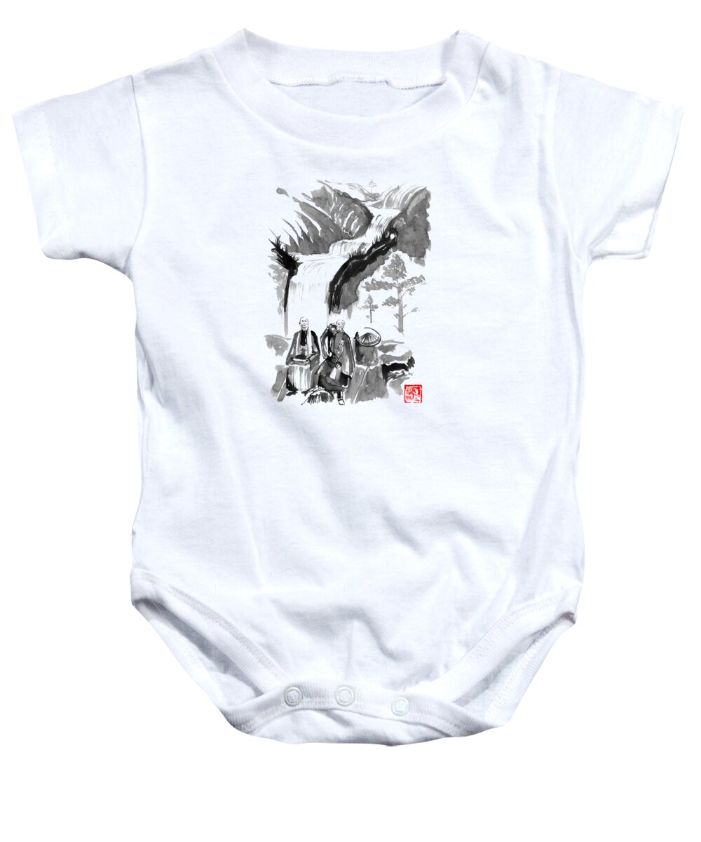  Sumie Baby Onesie featuring the drawing Drinking Monks by Pechane Sumie