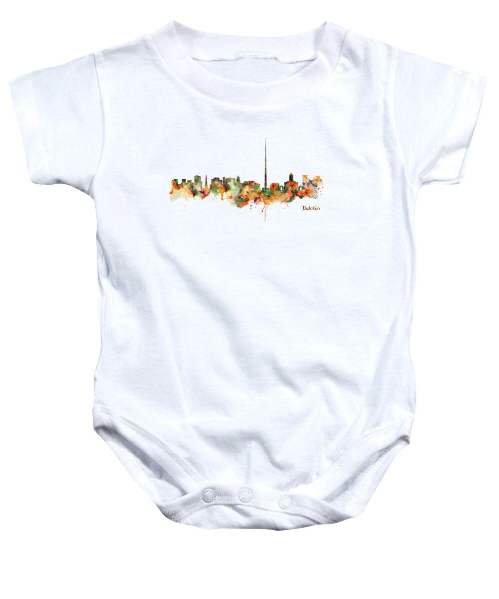 Marian Voicu Baby Onesie featuring the painting Dublin Watercolor Skyline by Marian Voicu