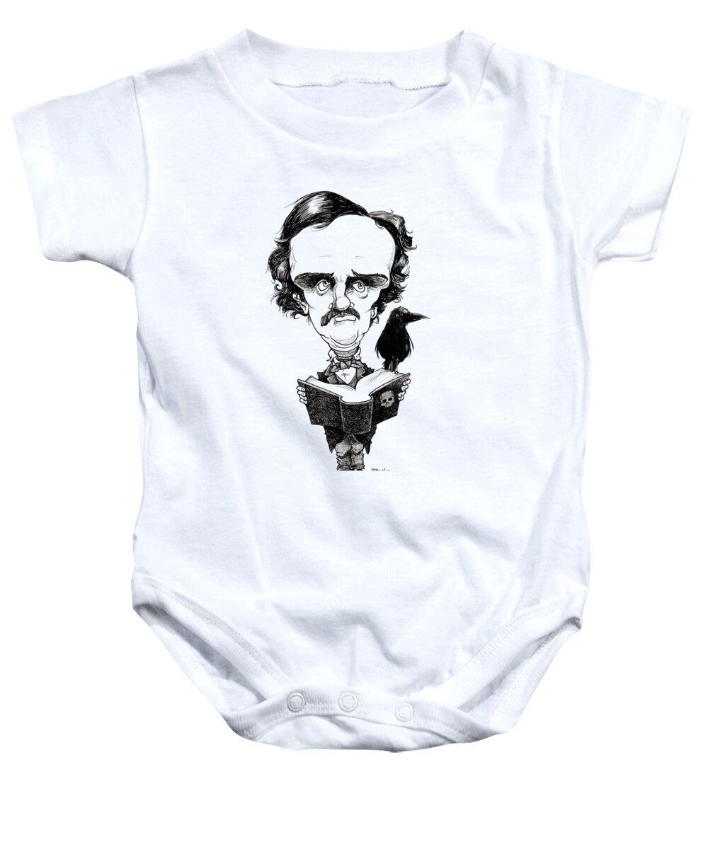 Caricature Baby Onesie featuring the drawing Edgar Allan Poe by Mike Scott
