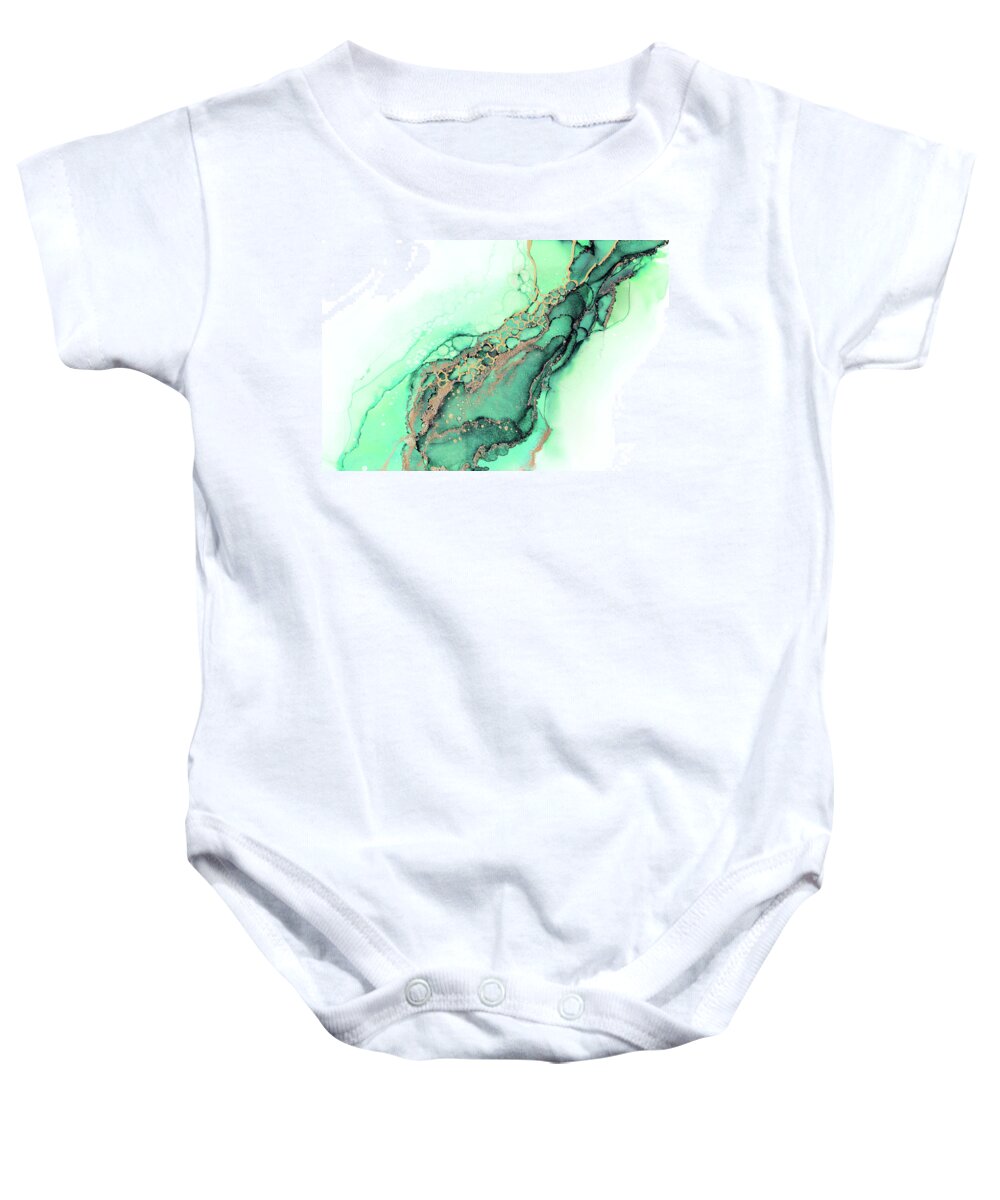 Abstract Ink Baby Onesie featuring the painting Emerald Gold Waves by Olga Shvartsur