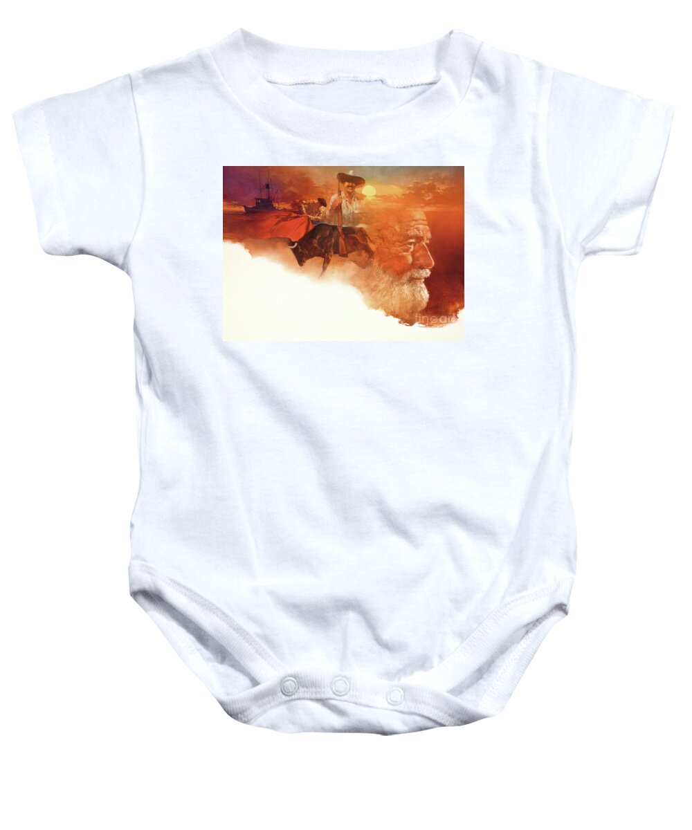 Dennis Lyall Baby Onesie featuring the painting Ernest Hemingway by Dennis Lyall