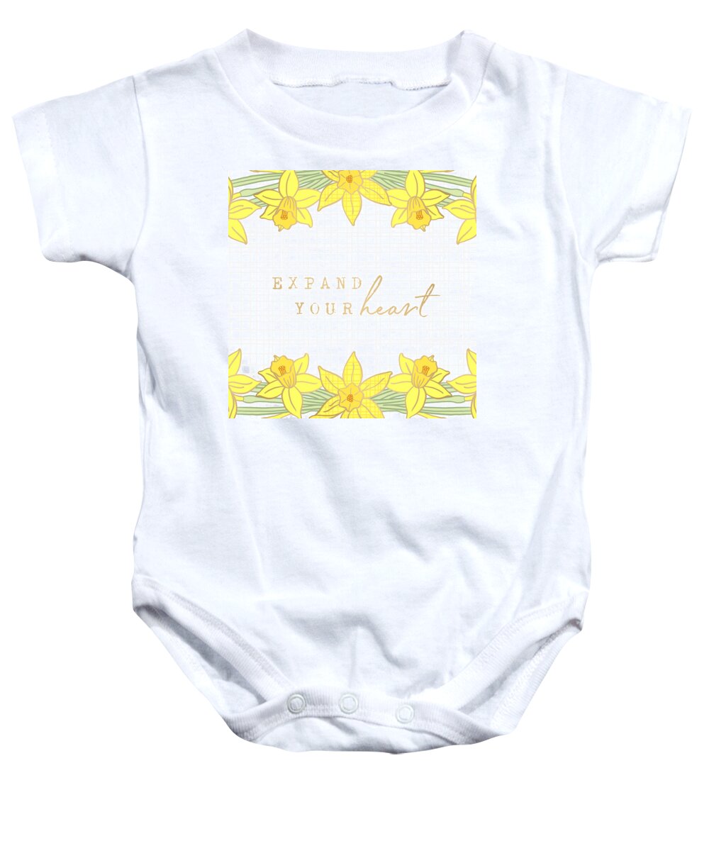 Heart Baby Onesie featuring the painting Expand Your Heart Daffodil Inspirational Art by Jen Montgomery by Jen Montgomery