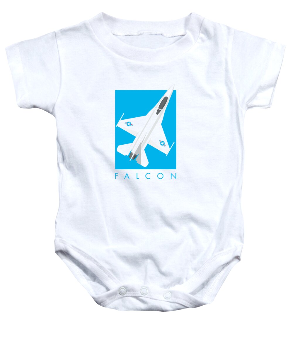 Fighter Baby Onesie featuring the digital art F-16 Falcon Fighter Jet Aircraft - Cyan by Organic Synthesis