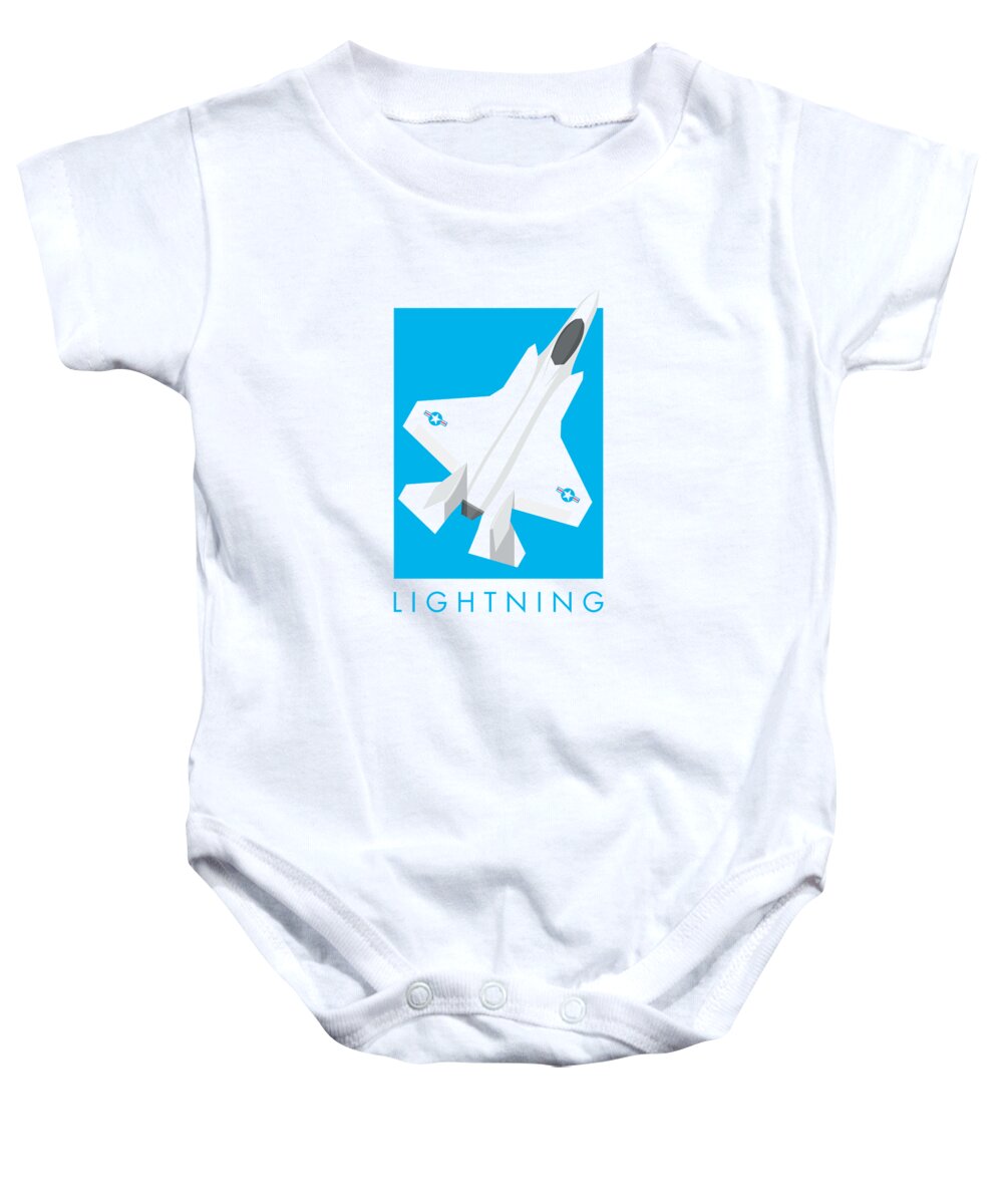 Aircraft Baby Onesie featuring the digital art F-35 Stealth Jet Fighter - Cyan by Organic Synthesis