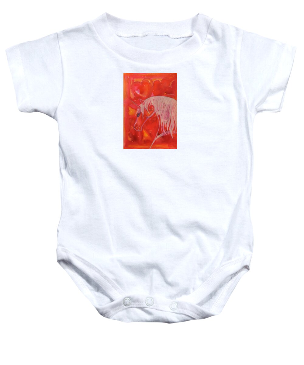 Unicorn Baby Onesie featuring the painting Fanciful Unicorn and Hearts by Sandy Rakowitz
