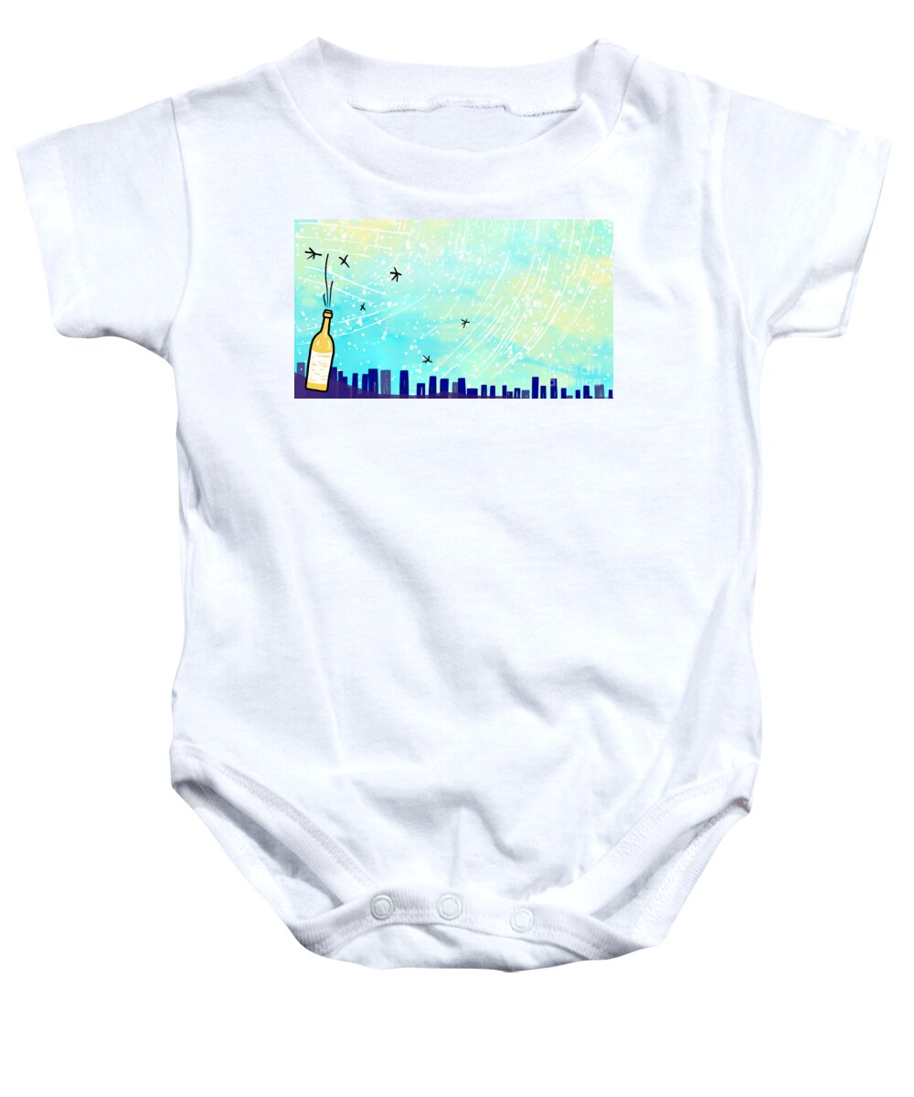 Night Baby Onesie featuring the digital art Festive mood with the silhouette of the city. New Year's background by Odon Czintos