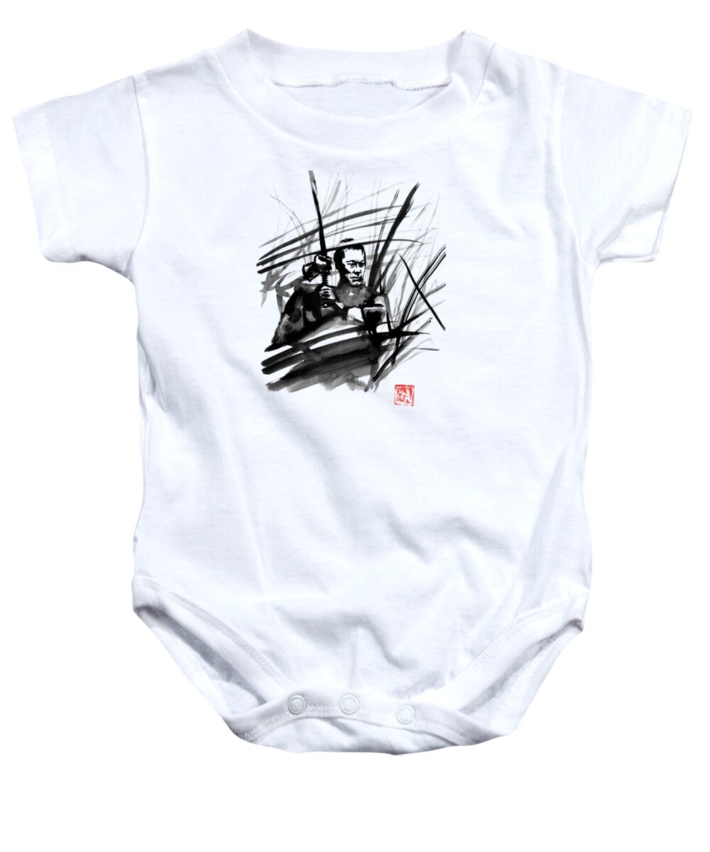  Sumie Baby Onesie featuring the drawing Fight In The Field by Pechane Sumie