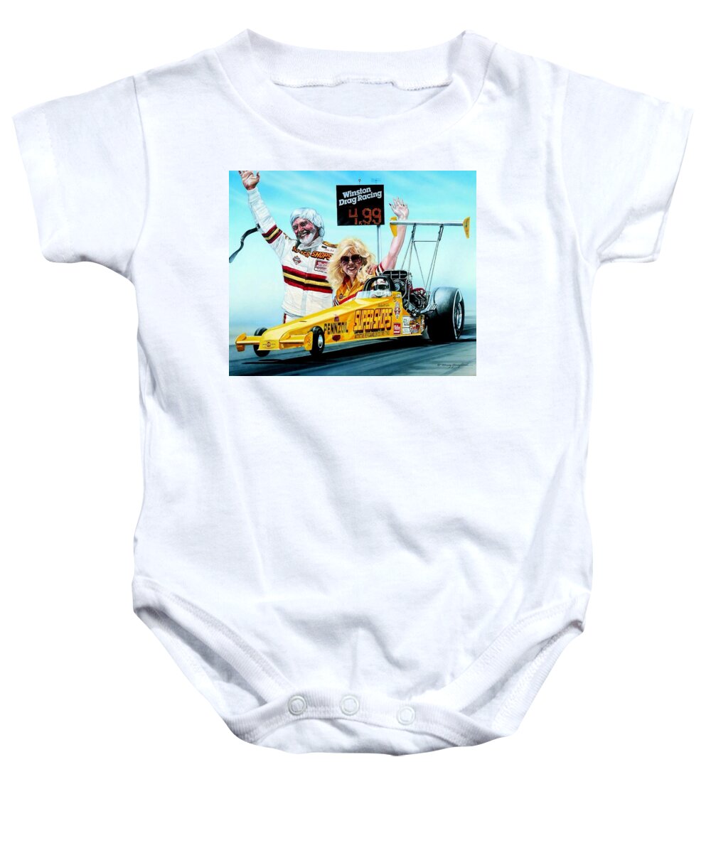 Drag Racing Nhra Top Fuel Funny Car John Force Kenny Youngblood Nitro Champion March Meet Images Image Race Track Fuel Eddie Hill Ercie Baby Onesie featuring the painting First In The Fours by Kenny Youngblood