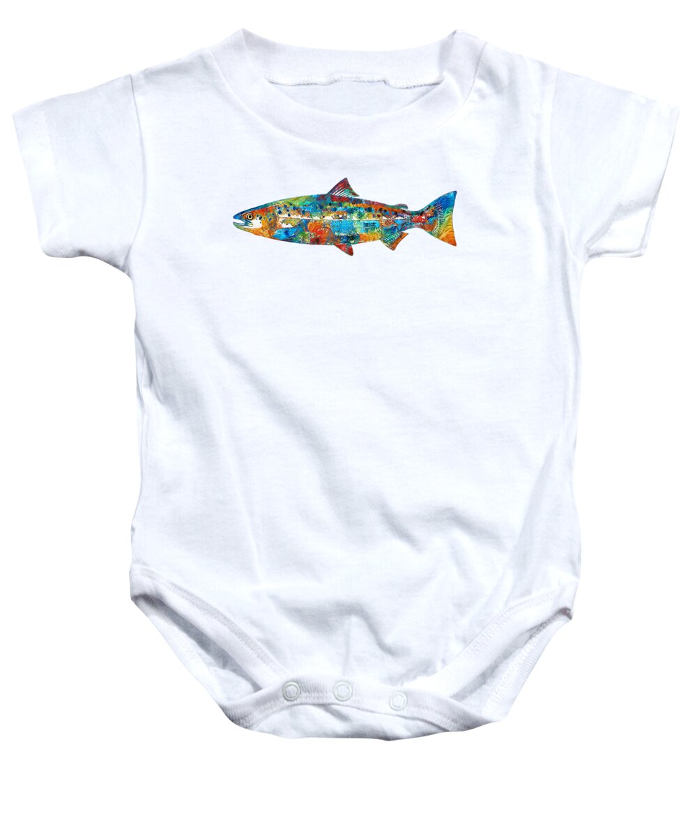 Salmon Baby Onesie featuring the painting Fish Art Print - Colorful Salmon - By Sharon Cummings by Sharon Cummings
