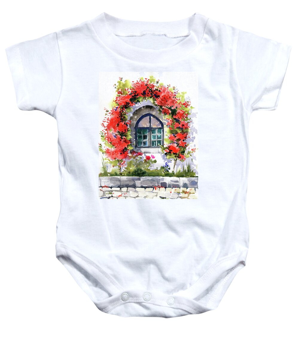 Portugal Baby Onesie featuring the painting Flowers of Marvao in Portugal by Dora Hathazi Mendes