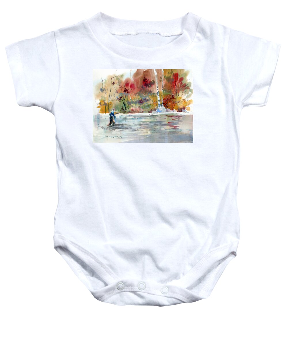 New England Scenes Baby Onesie featuring the painting Fly Fishing in the Fall by P Anthony Visco