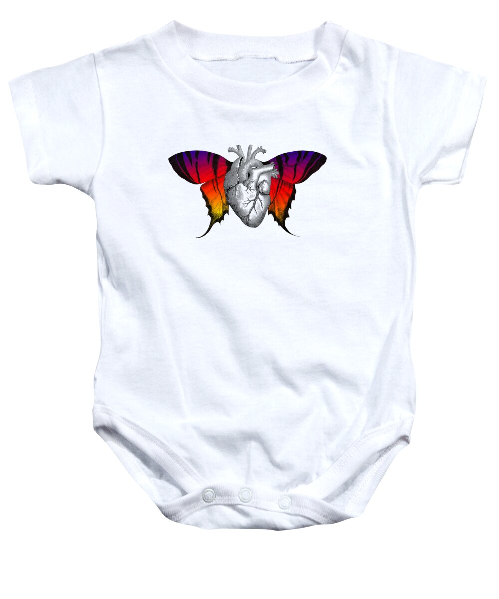 Heart Baby Onesie featuring the digital art Flying heart with butterfly wings by Madame Memento