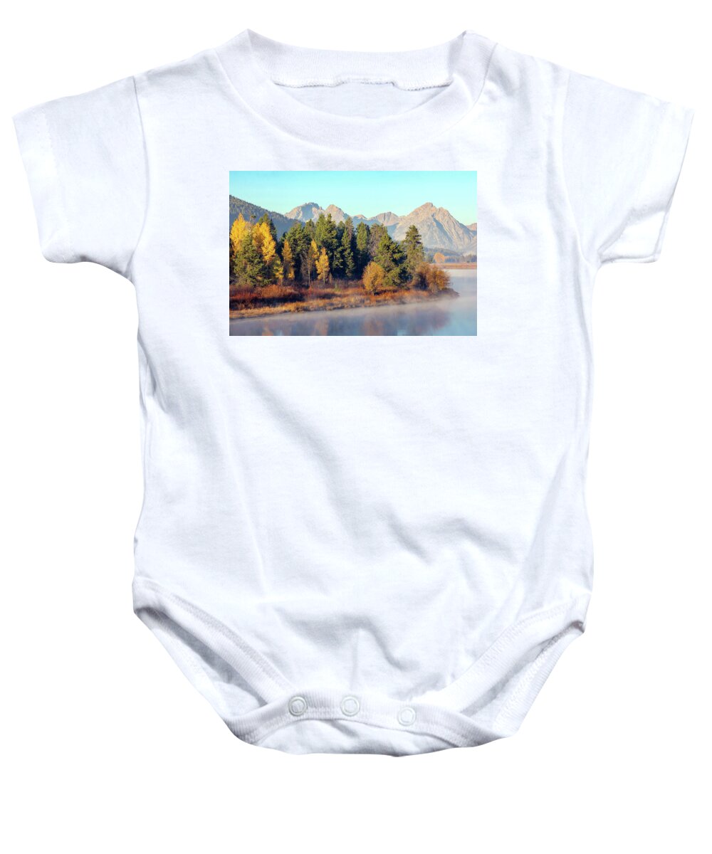 River Baby Onesie featuring the photograph Fog on the Water by Robert Carter