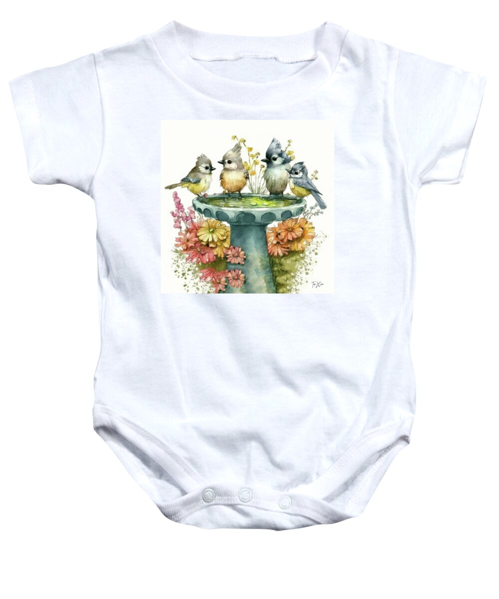 Bird Baby Onesie featuring the painting Four Little Friends by Tina LeCour