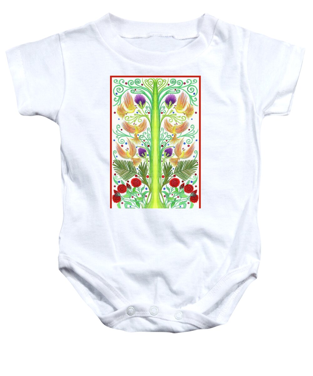 Firebirds Baby Onesie featuring the painting French Inspired Design with Six Firebirds by Lise Winne