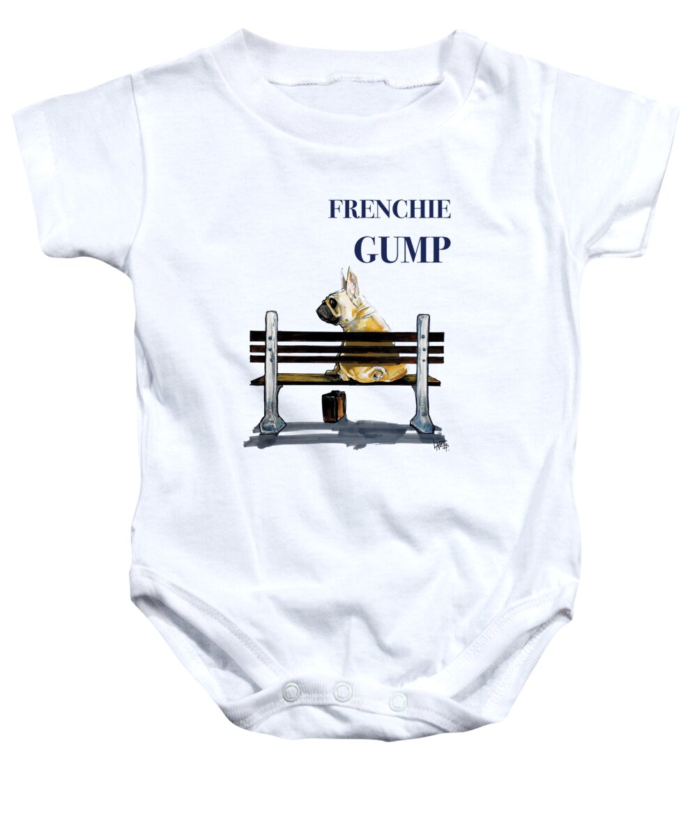 Frenchie Baby Onesie featuring the drawing Frenchie Gump by Canine Caricatures By John LaFree