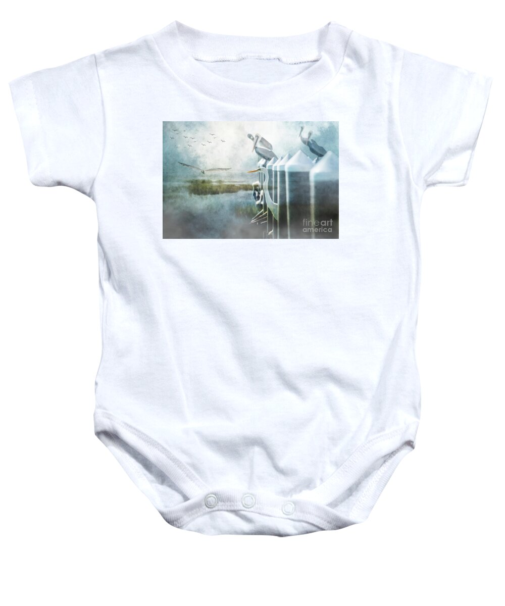 Florida Keys Baby Onesie featuring the mixed media Friendly Heron by Ed Taylor