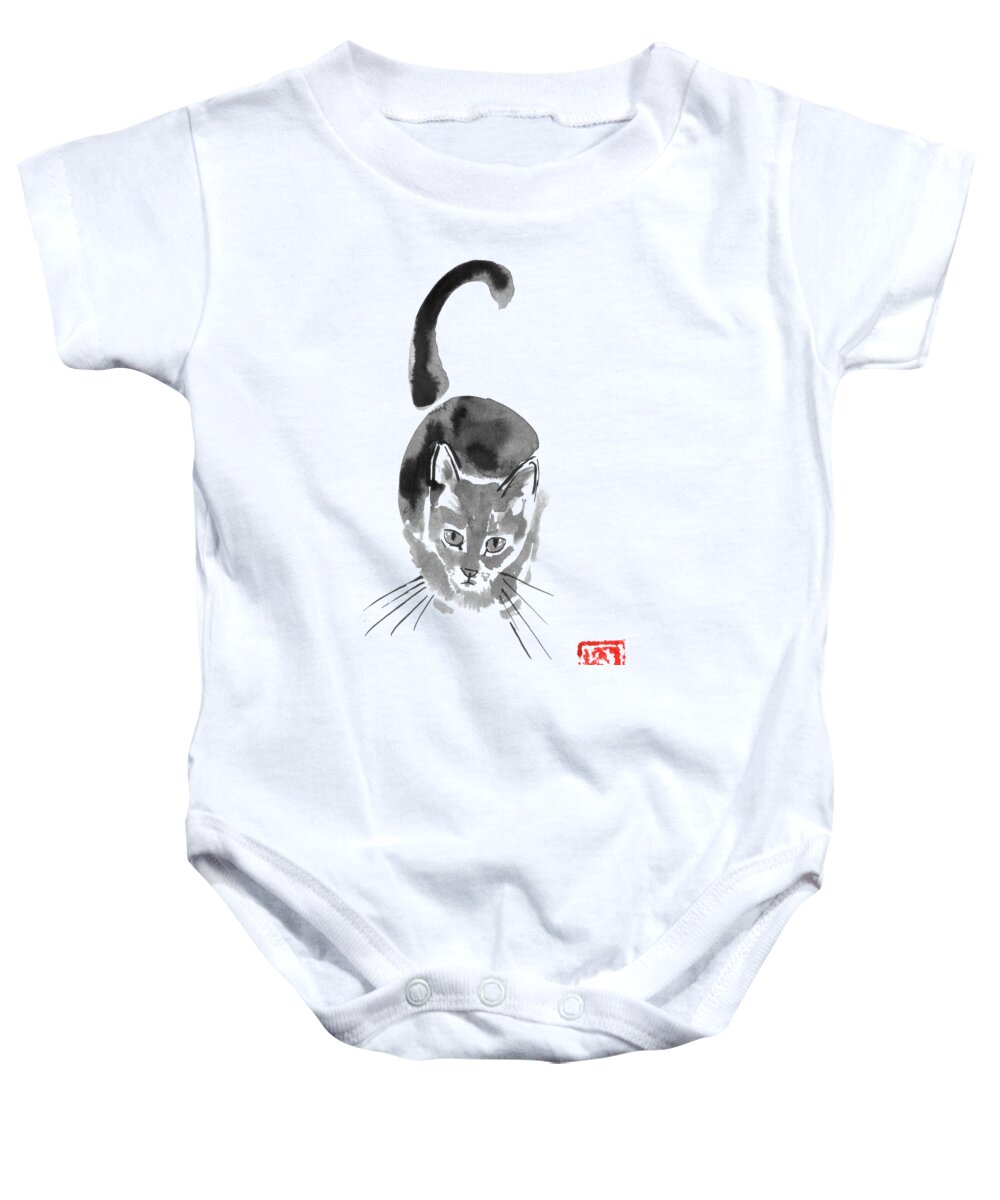 Cat Baby Onesie featuring the drawing From Above by Pechane Sumie