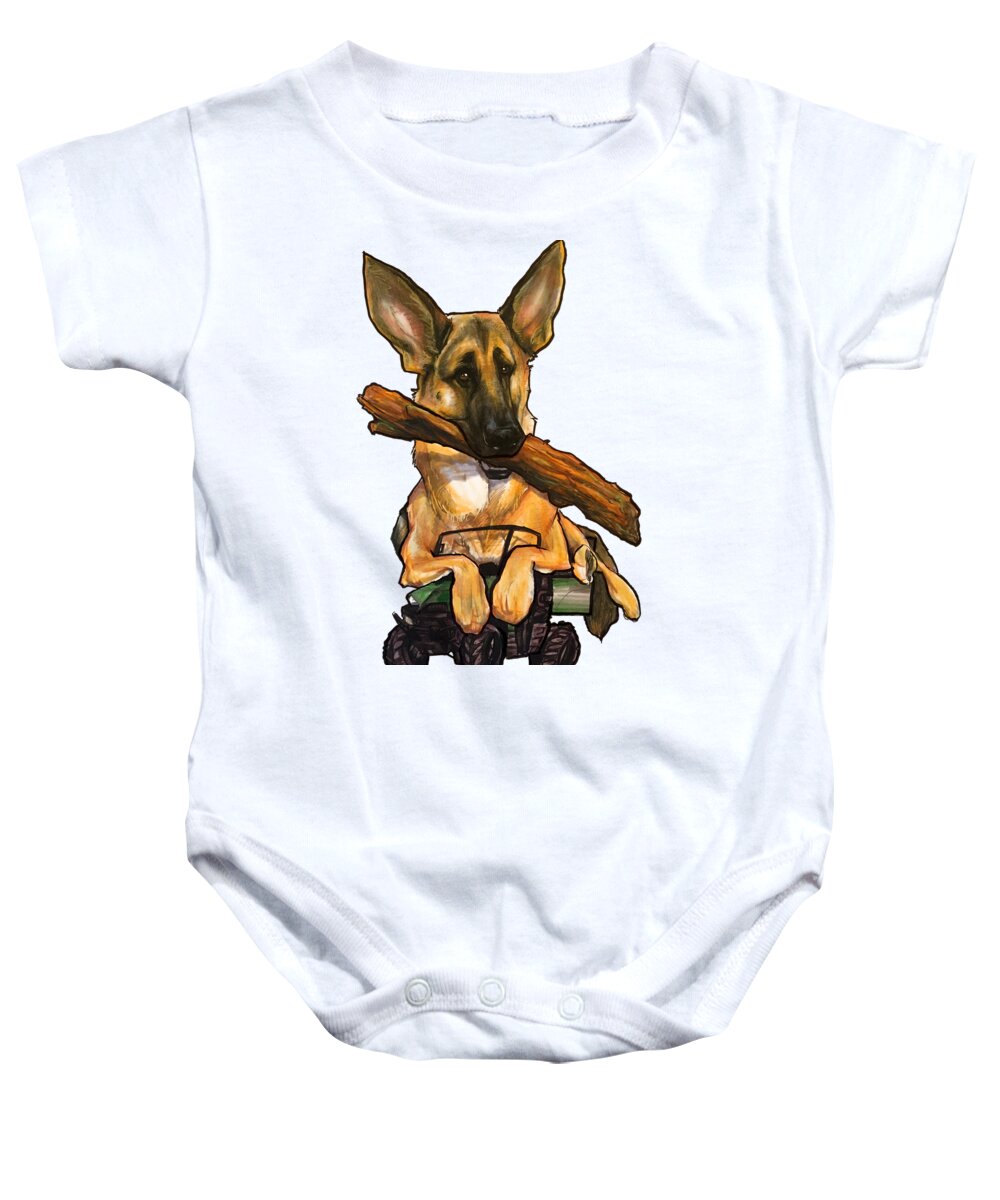 Dog Baby Onesie featuring the drawing German Shepherd with Log by Canine Caricatures By John LaFree