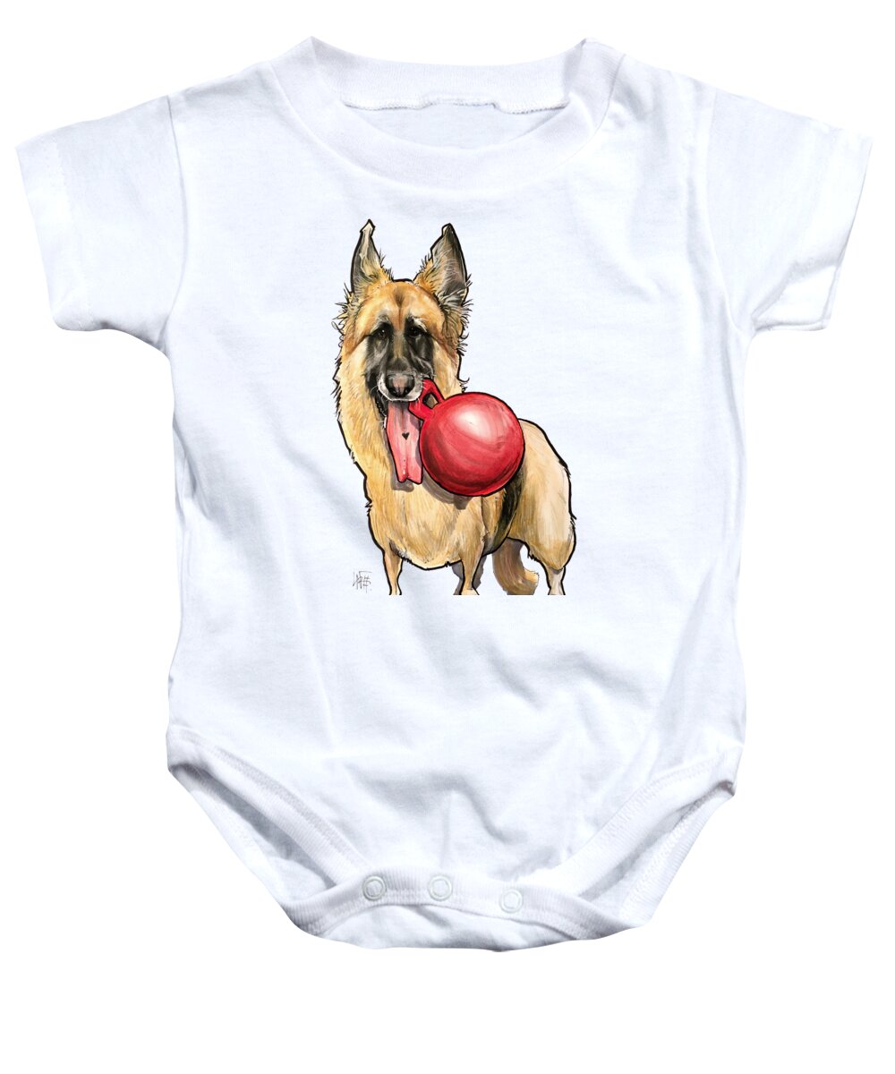 Dog Baby Onesie featuring the drawing German Shepherd with Toy by Canine Caricatures By John LaFree