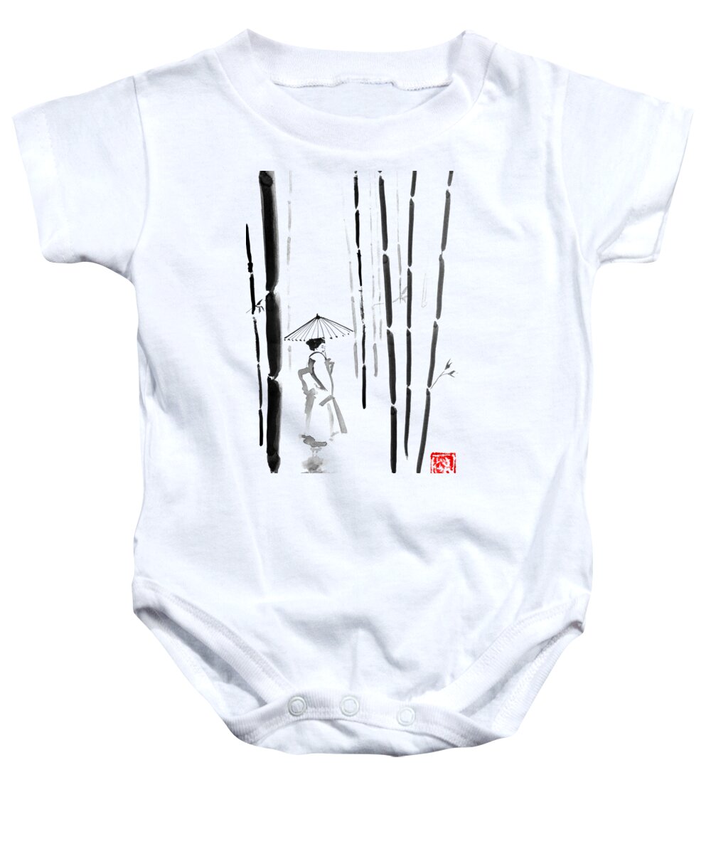 Sumie Baby Onesie featuring the drawing Gesiha In Bamboo Forest by Pechane Sumie