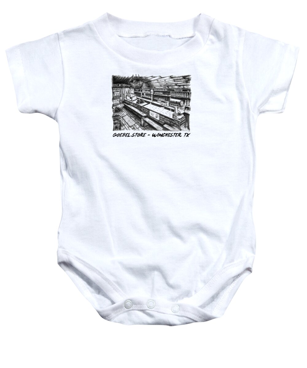  Baby Onesie featuring the drawing Goebel Store, TX by Nathan Anderson