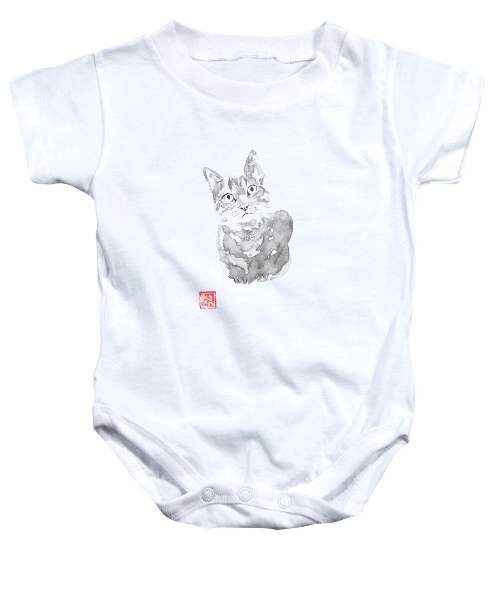 Sumie Baby Onesie featuring the drawing Grey Cat 02 by Pechane Sumie