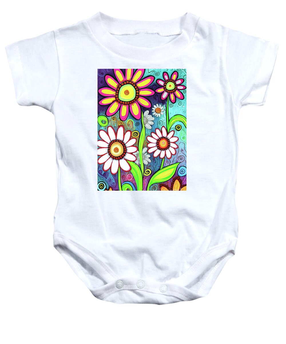 Daisy Flowers Baby Onesie featuring the painting Groovy Spring Daisy Flowers by Tina LeCour
