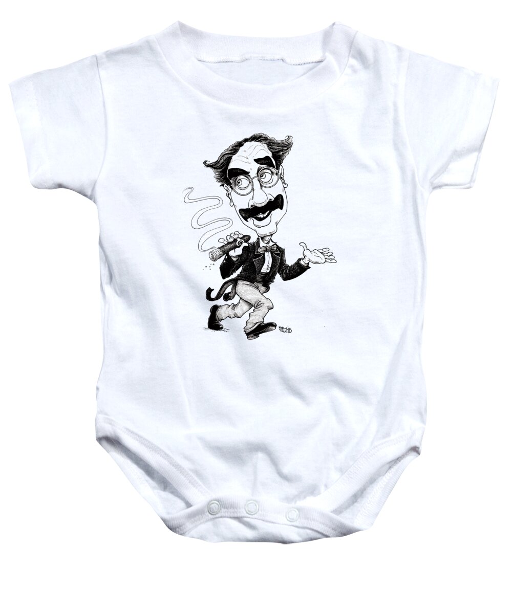 Caricature Baby Onesie featuring the drawing Groucho Marx by Mike Scott