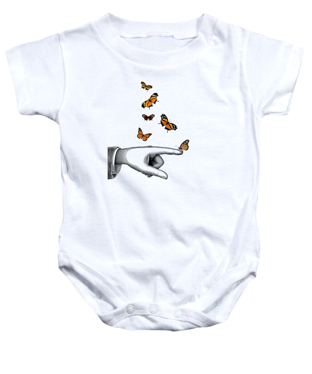 Hand Baby Onesie featuring the digital art Hand With Orange Monarch Butterfly by Madame Memento