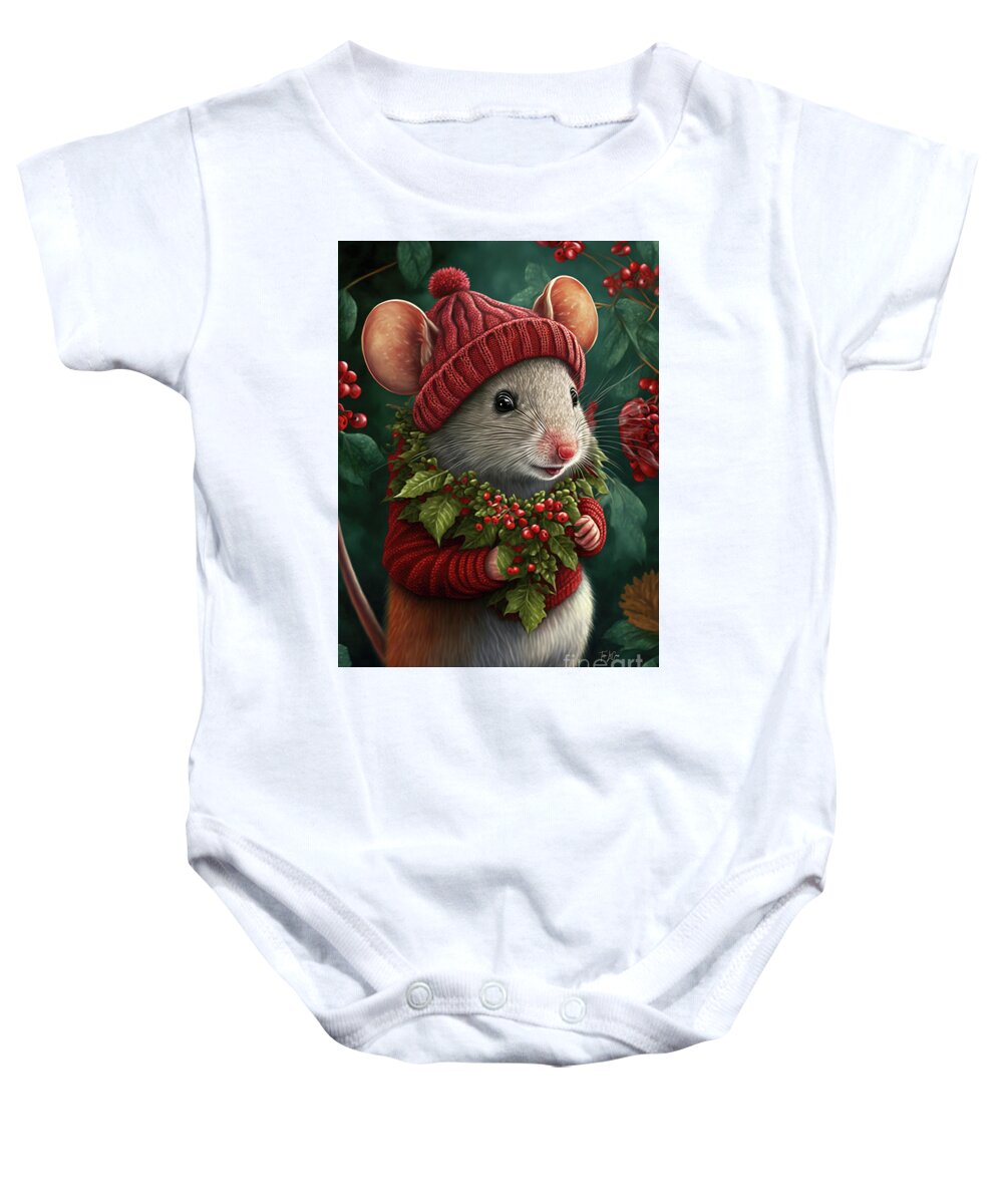 #faaadwordsbest Baby Onesie featuring the painting Happy Little Christmas Mouse by Tina LeCour
